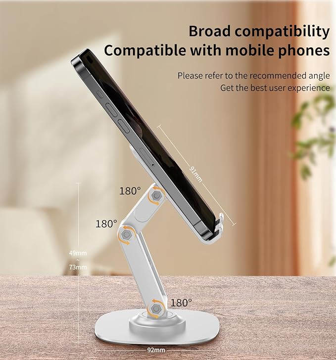 360° Degree Rotating Mobile Phone Holder,Fully Adjustable Foldable Desktop Phone Holder Stand Base,Foldable Desktop Cell Phone Stands for iPhone17 16 15 Pro Xr Xs Max X Plus iPad Samsung (K69-White)