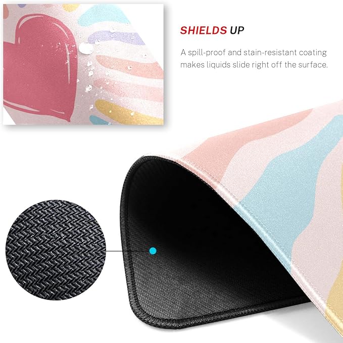 Cute Pink Rainbow Heart Desk Pad Mat with Stitched Edges and Non-Slip Rubber Base, Premium-Textured Mouse Pad for Laptop, Computer & PC, Gaming & Working, Waterproof Mousepad