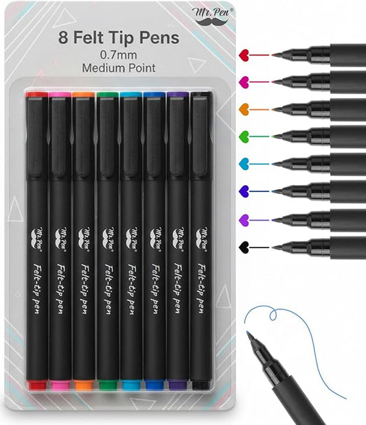 Mr. Pen- Felt Tip Pens, Assorted Colors, 8 Pack, 0.7mm, Bible Journaling Pens, Fine Felt Tip Pens Fine Point, Journaling, Note Taking, Fast Dry, Writing