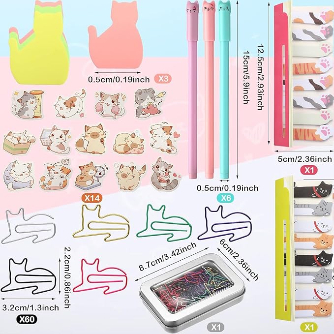 Outus Cat Office Supplies Cute Sticky Notes Paper Clips Gel Ink Pens Cartoon Stickers Party Favor for Cat Lovers Office Supplies(Vivid Style)