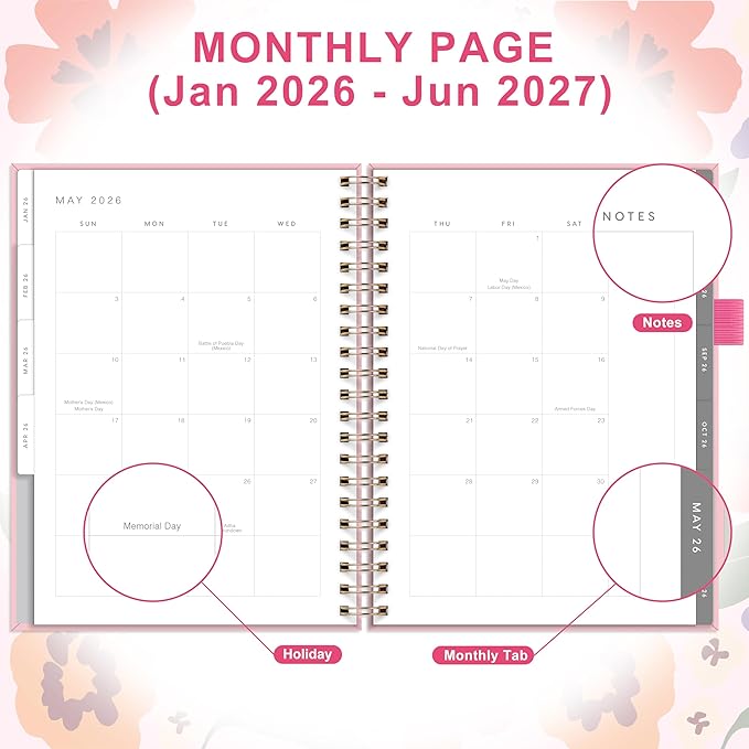And Per Se 2026 Planner with Pattern, A4 Size-Daily, Weekly & 18-Monthly Planner, Daily Schedule, Monthly Tabs, 100 GSM Thick Paper(Elegant Florals)