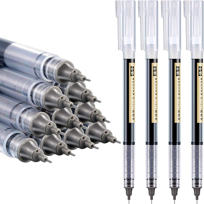 Frienda 12 Pieces Rolling Ball Pens 0.5 mm Japanese Quick Drying Fine Point Pens Liquid Ink Smooth Writing for Office Student Back to School Supplies(Black)