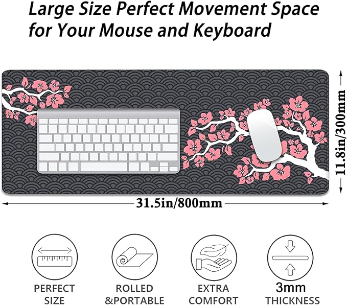 Cherry Blossoms and Waves Desk Pad Mouse Pad,Expand XL Mouse Mat with Stitched Edges,Non-Slip Rubber Base Large Mousepad for Office PC Keyboard Laptop and Homework Desk Mat(31.5X11.8 in)