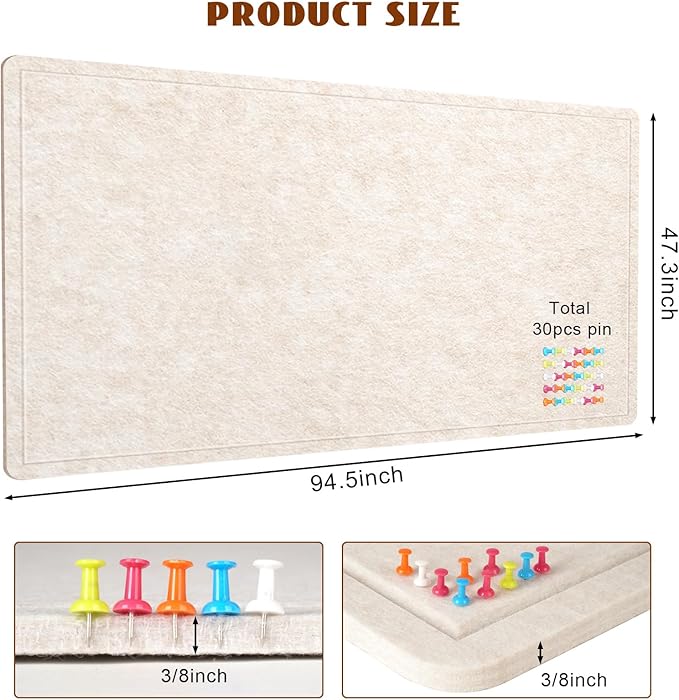 Extra Large Bulletin Board, 95 X 47 inches Cork Board with 30 Pushpin, 8' x 4' Felt Cork Board Notice Pin Board, Self-Adhesive Vision Board Mood Board Foldable Photo Board for Wall - Oatmeal