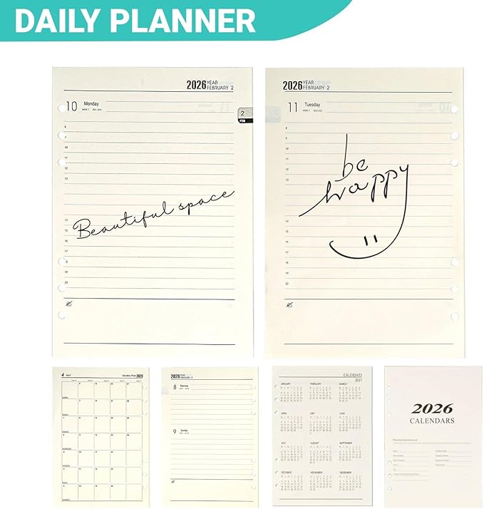 2026 A5 Weekly & Monthly Planner Binder Refill, 5.8"x8.3" 176 Page Planner Refills for A5 Binder, 6-Hole Punched, Daily Planner with Calendar, Contact Pages and Notes (Beige-2026)