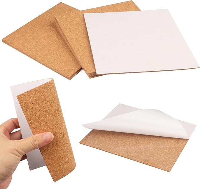 GNIEMCKIN 100 Pack Self Adhesive Cork Squares, 6 x 6 Inches Cork Backing for Coasters, Cork Squares for DIY Crafts and Coasters, Natural Soft Wood with Strong Adhesion Backing, 2 mm Thick