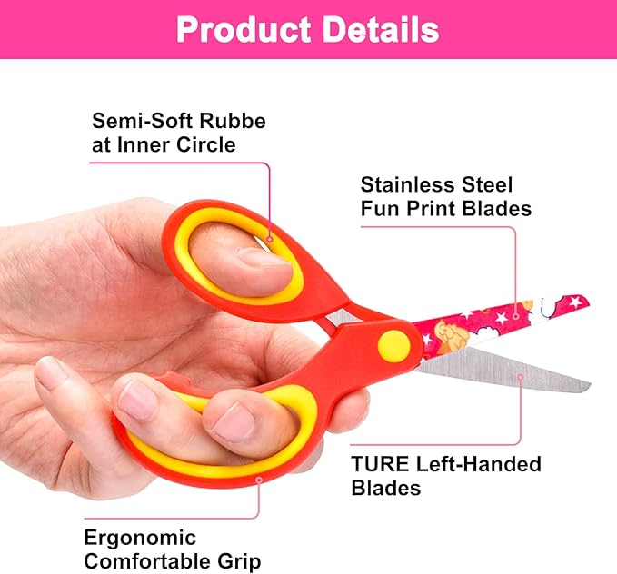 Left Handed Kids Scissors, Lefty Safety Toddler Children Scissors, Small Craft Scissors with Blunt Tip - Fun Print Blade, Great for DIY, Arts, Home, School Classroom Use, Assorted Color, 6-Pack