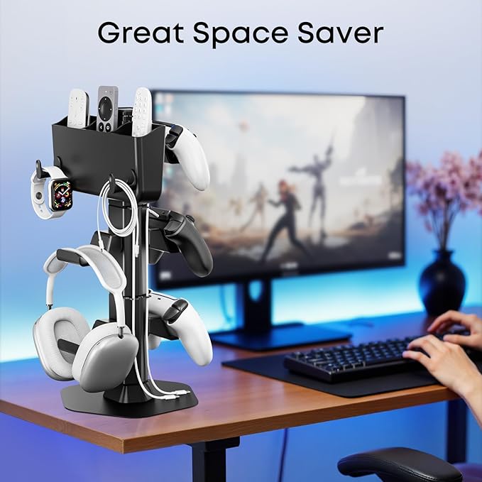 Headphone and Controller stand, Headphone Stand for Desk, PS5/PS4/Xbox/Switch Game Controller Holder, Gaming Headset Stand with Storage Box and Two Hooks for Remote Control Watch Cable Key Chain