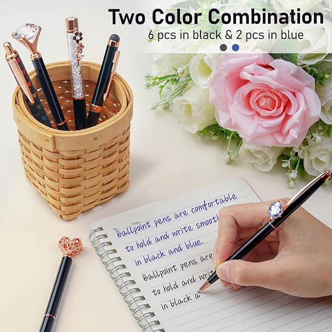 WEMATE 8Pcs Ballpoint Pens Set Metal Crystal Diamond Pen Glitter for Journaling Black Pen Bling in Black & Blue Ink Pretty Cute Pens Fancy Pens Gifts for Women Wedding School Office Desk(Black)