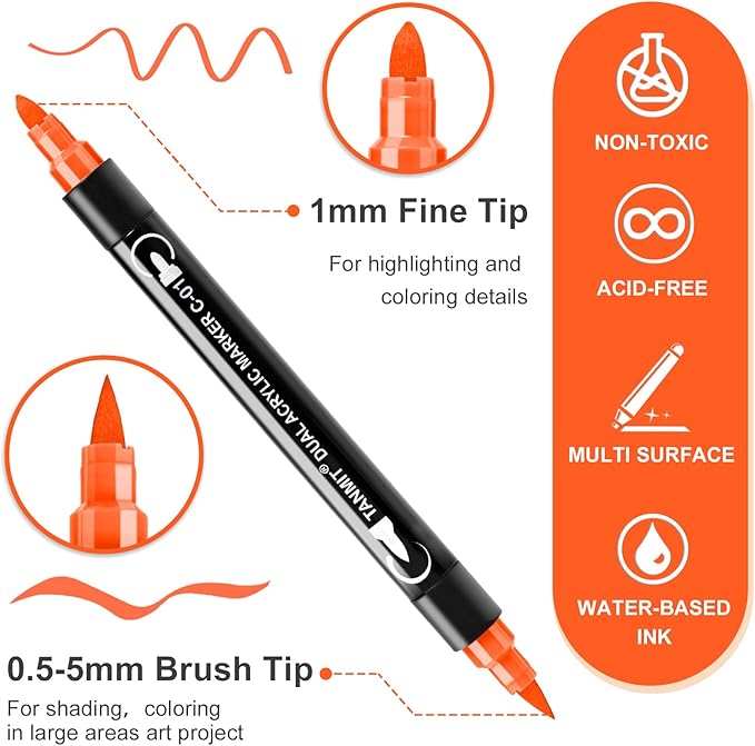 TANMIT 48 Colors Acrylic Paint Pens, Dual Tip Acrylic Paint Markers with Brush Tip and Fine Tip, Acrylic Pens for Rock Painting, Wood, Canvas, Stone, Glass, Ceramic,DIY Crafts Making Art Supplies