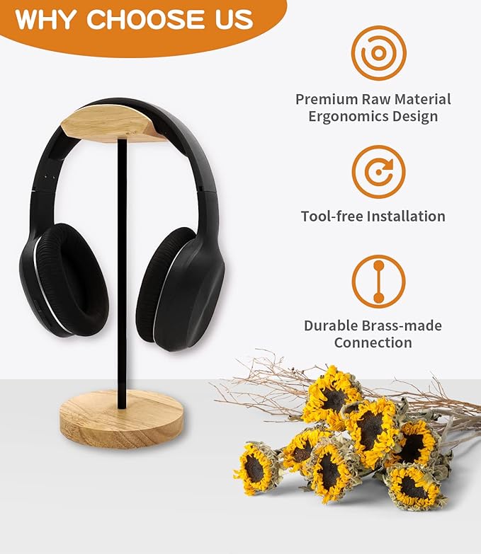 Headphone Stand Nature Wood & Aluminum Headset Hanger Mount Hook Gaming Holder Desktop Earphone Artful Functional Craftmanship Stand for All Headsets with Solid Wooden Base