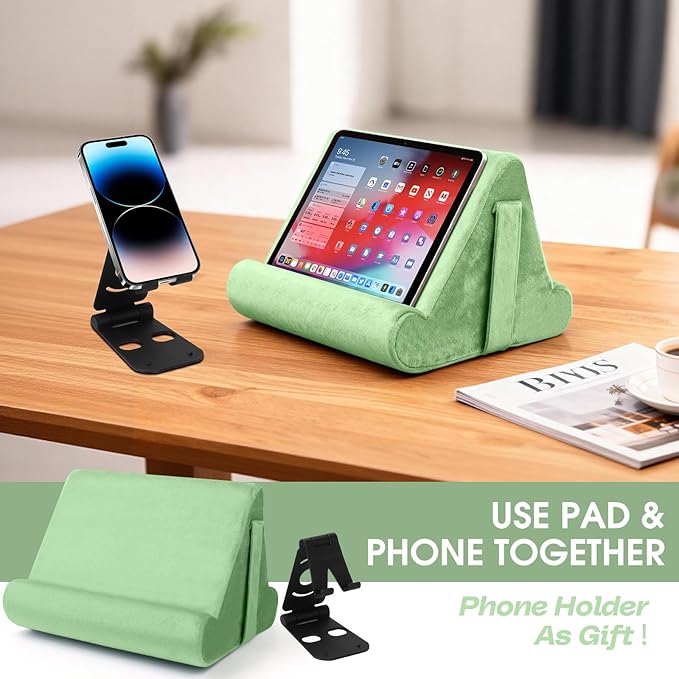 Multi-Angle Tablet Stand with Soft Pad Cushion and Net Pocket - Universal Lazy Holder for Lap, Knee, Sofa and Bed(Green)