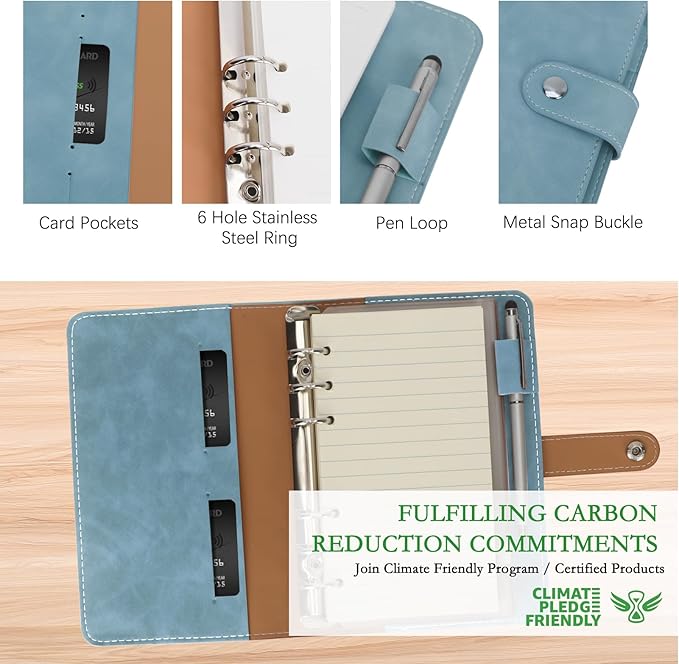 FYY A6 Binder Refillable Planner Notebook 6 Ring PU Leather Binder Journal with Pockets, Dividers, Refill Paper Blue