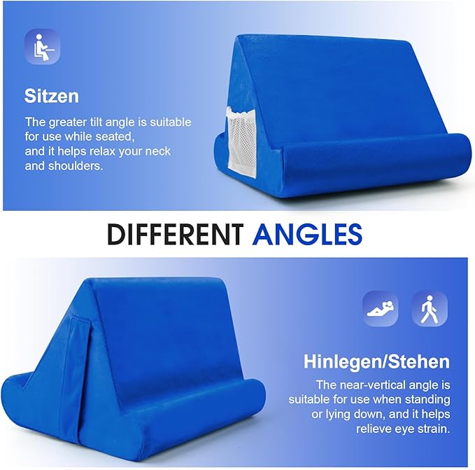 Universal Multi-Angle Tablet Holder - Soft Pad Stand with Net Pocket & Phone Stands for Lap, Knee, Sofa and Bed Phone Pad Stands(Blue)