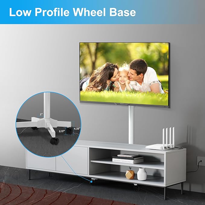 Mobile TV Carts on Wheels for 21-60 Inch Flat/Curved Panel Screens TVs - Height Adjustable Floor Trolley Stand with Shelf Holds up to 77lbs - Max VESA 400x400mm, White