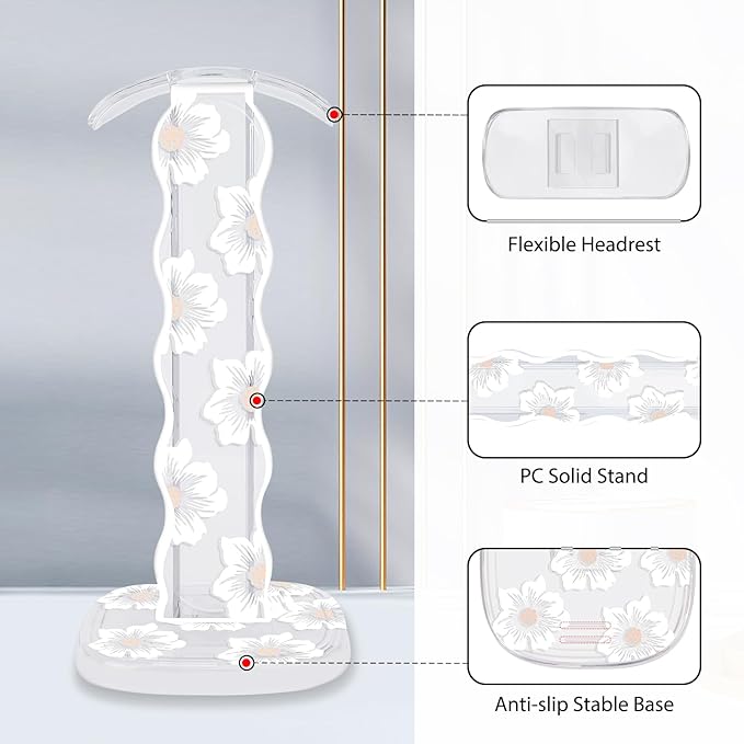 CamyCosy Headphone Stand Gaming Headset Holder for Desk,Unique White Camellia Pattern Clear Earphone Stand Cellphone Stand Desk Accessories for All Headphones Size