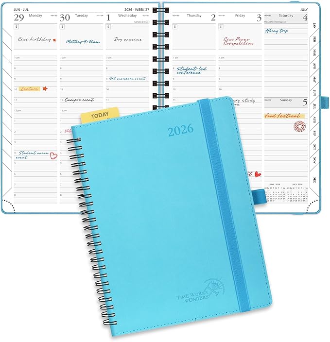 POPRUN 2026 Planner (Medium - 6.5'' x 8.5'') with Hourly Schedule & Vertical Layout - 2026 Weekly Calendar (Jan. 2026 - Dec.2026) for Time Management, Monthly Tabs, Spiral Bound, Soft Cover - Blue Green