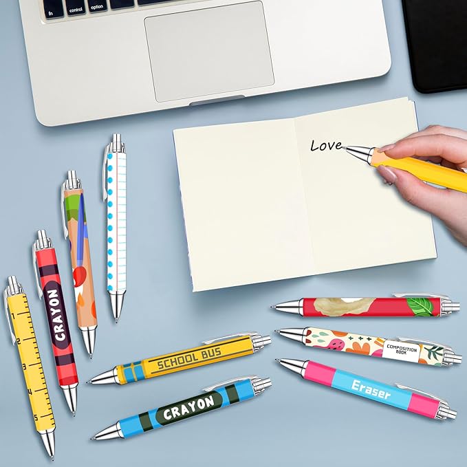 Teacher Appreciation Week Ballpoint Pens Set of 10 – Colorful Crayon-Inspired Teacher Theme Pens with Classroom Supply Designs – Smooth Black Ink Pens for Classroom, Office, and Thank You Gifts