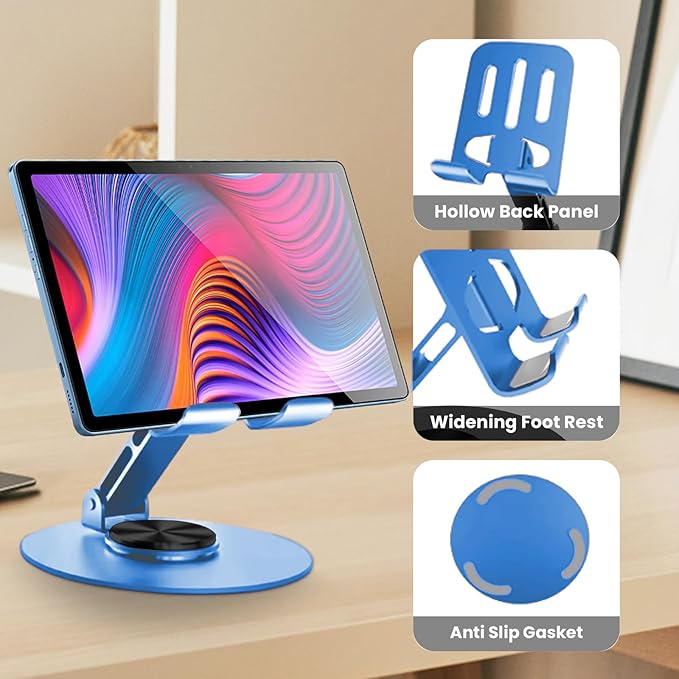 Universal Metal Cell Phone Stand, Multi-Angel Adjustable 360° Rotation Non-Slip Metal Phone Stand Compatible with iPhone 17 16 Pro Max and All Smartphones (Blue)