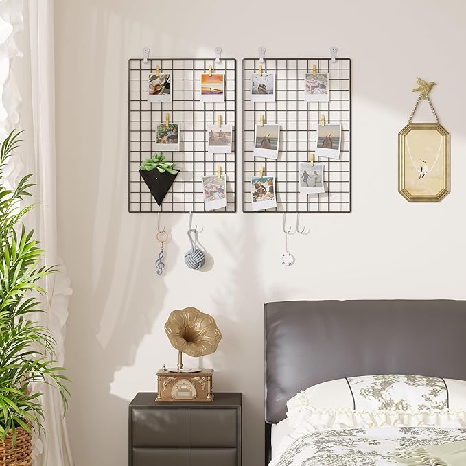 C&AHOME Photo Wall Display Set of 2, Grid Panel with Hooks, Clips, Hemp Cord, Hammer - 17.7" x 25.6", Black UWWGM4565B