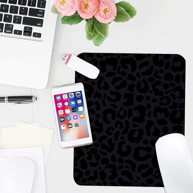 Black Leopard Print Square Mouse Pad,Non-Slip Rubber Base Mouse Pad, Home Office Decoration Desktop Accessory,Laptop Mouse Pad for Office Laptops,9.4x7.8x0.12inch.
