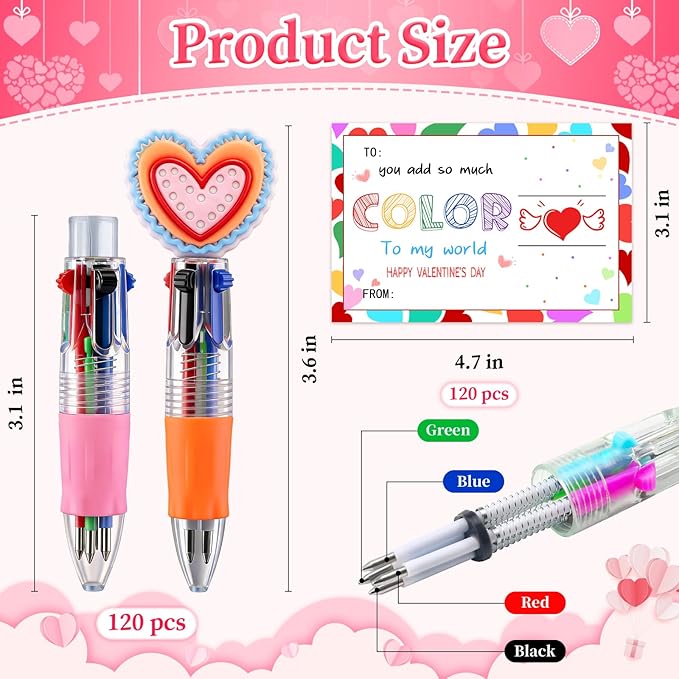 CZWZ 120Pcs Mini Multicolor Pen in One 4-in-1 Cute Pens Bulk, Ballpoint Pens for Birthdays and Parties, Fun Pens Gifts Assorted Ink Kawaii Pen(Valentine)