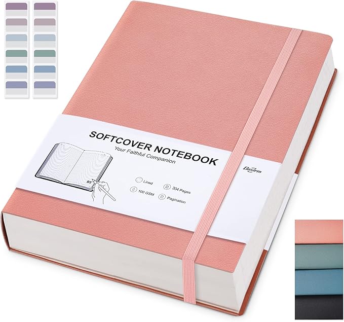 Gosirm Lined Notebook Journal Softcover, B5 Leather Notebook with Lined Paper 100gsm, Thick Journals for Women Men, Large College Ruled Notebooks for Writing, Work, 7.6'' X 10'' - 304 Pages Pink