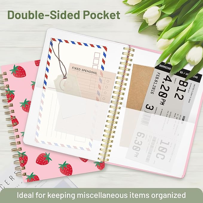 Stanoha Cute Spiral Notebook A5 Journal for Women Girls Kawaii Aesthetic Pretty Floral Design with Pocket, 8.5 x 5.7 inch, Line, Strawberry