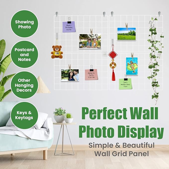 Metal Grid Wall Panel White, Wire Grid Photo Display Organizer, 17.3"×11.8" Wire Board Grid Wall, Grid Picture Frame, 4-Pack Wire Mesh Memo Board with Clips and Hooks
