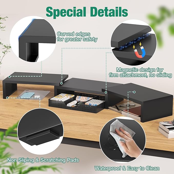 OPNICE Desk Organizers and Accessories, Dual Computer Monitor Stand Riser with Drawer, Office Desk Accessories & Workspace Organizers, Black