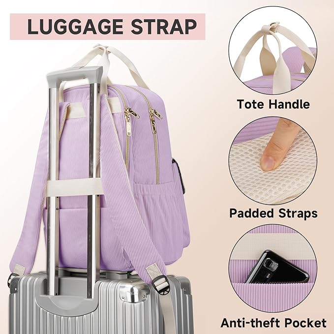 MATEIN Cute School Backpack for Teens Girls, 15.6 Inch Kawaii College Backpack Corduroy Computer Bookbag with USB Charging Port, TSA Lightweight Laptop Back Pack Aesthetic Preppy Kids Students, Purple