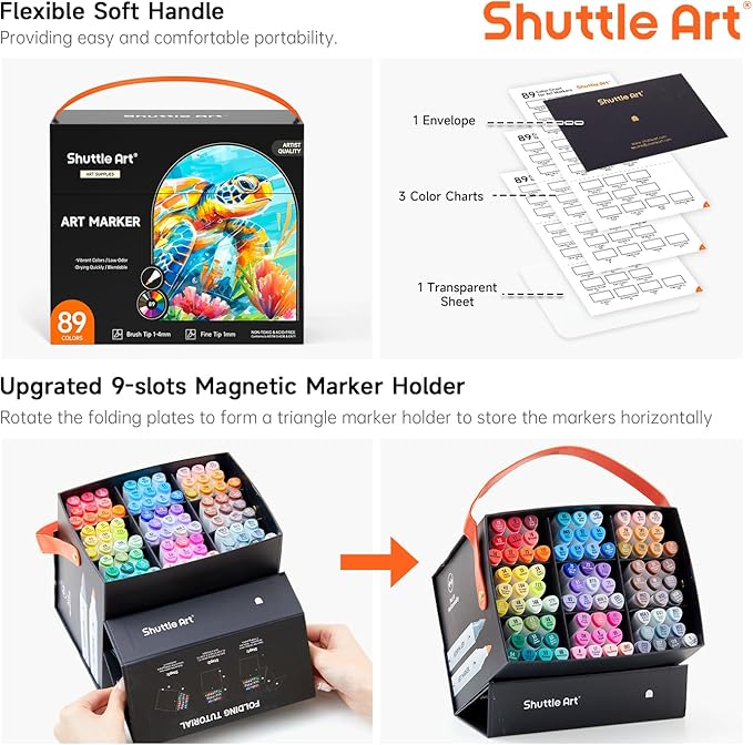 Shuttle Art Brush Tip Alcohol Markers, Dual Tip Brush & Fine Tip Art Marker Set, 89 Colors Marker Pens with Organized Case Perfect for Illustration Kids Students Adults Coloring Sketching