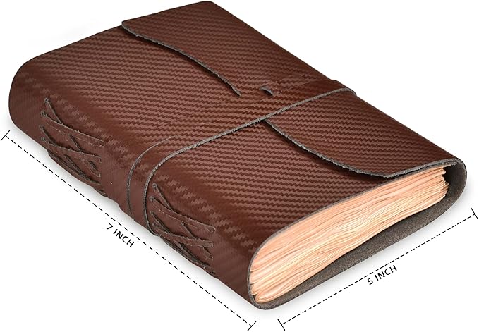 LEATHER VILLAGE Carbon Fiber Genuine Leather Bound Journal - 7'' x 5'', 220 Pages - Vintage Blank Paper Diary for Writing, Drawing, Sketchbook, and Travel Notebook - Ideal for Women and Men- Brown