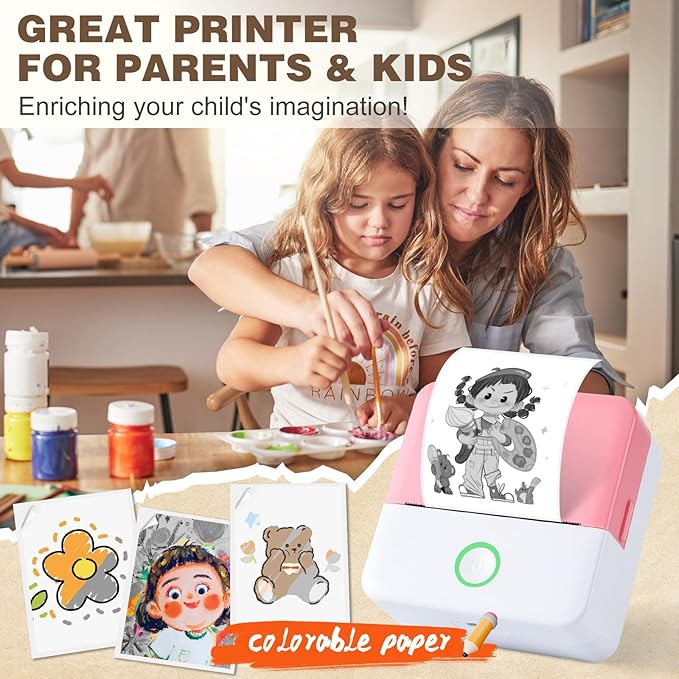 cudinham Print Pods Mini Printer, Sticker Printer with 10 Rolls Thermal Printing Paper, Inkless Pocket Printpod for Phone, Impresora Portátil for Notes, DIY, Compatible with iOS & Android (Pink)