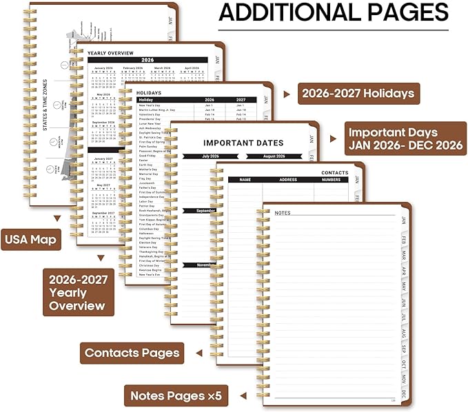 2026 Planner, Weekly and Monthly Calendar Planner Book, January 2026 - December 2026, Hardcover Spiral Planner with Monthly Tabs, Notes Pages, Perfect for Women & Men, A5 (6.4" x 8.5") - Brown