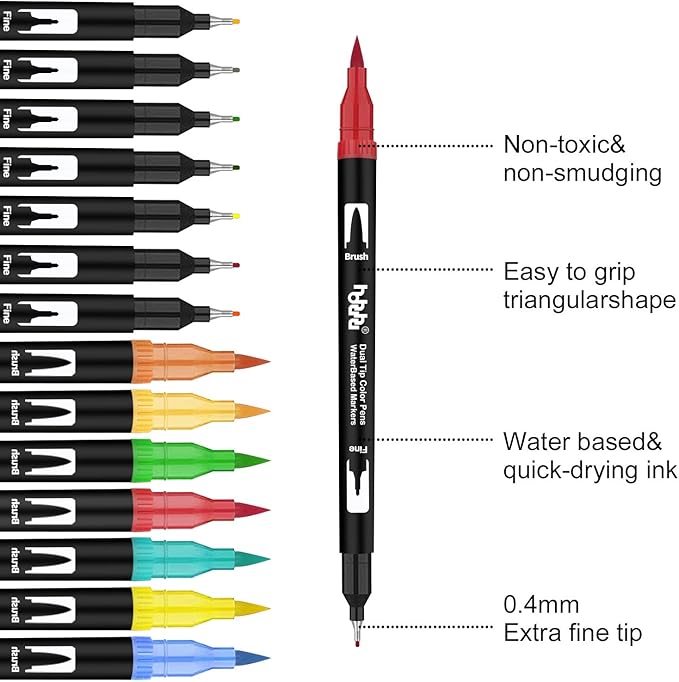 hhhouu 100 Colors Fine Tip Markers Dual Tip Brush Pens Art Markers Set for Adult Coloring Drawing Bullet Journals Planners Hand Lettering Calligraphy HO-100B