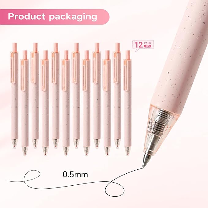 RIANCY Premium Pink Gel Pens - Smooth Writing, Quick Dry, Set of 12 - Ideal for Journaling, Note-Taking, Art Supplies