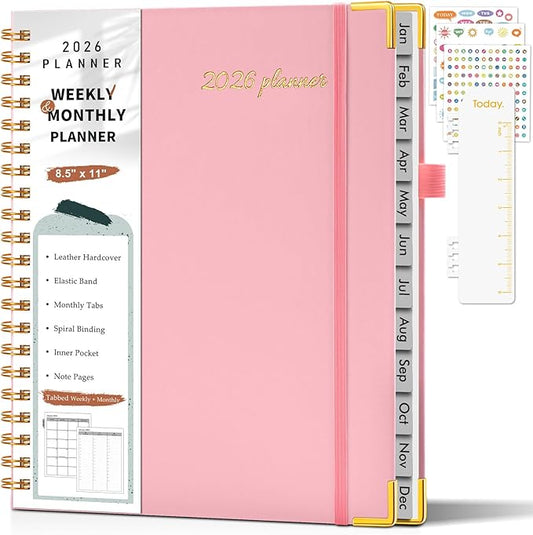 2026 Planner, Weekly and Monthly Calendar Planner from January 2026 - December 2026, 8.5" x 11" Hardcover Leather Hourly Appointment Book with Tabs, Spiral Daily Planners for College School Work Home, Light Pink