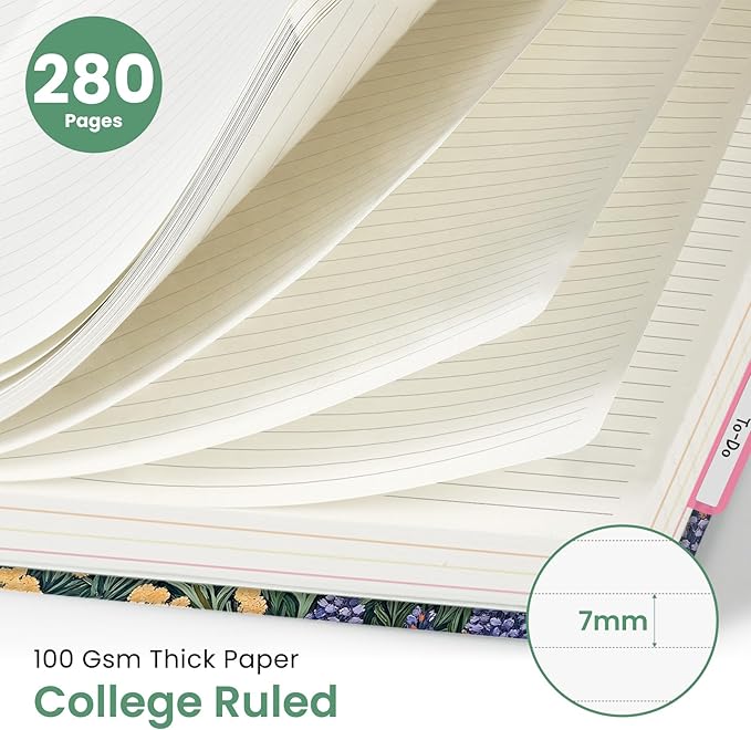 Hardcover Spiral Journal Notebooks for Work With Removable Dividers & Tabs, 8.5"x11" 5 Subject Notebook for Note Taking & Organizer, A4 College Ruled Lined Journal for Women & Writing, Blooming Symphony, 280 Pages