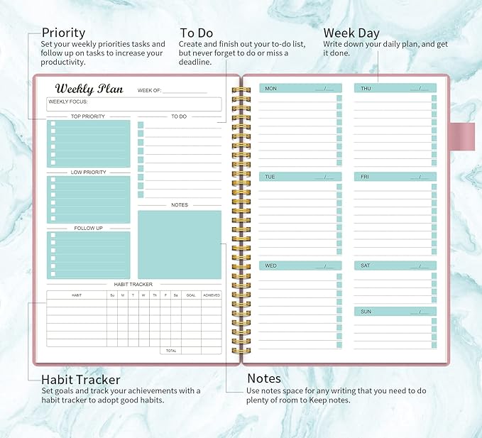 Weekly Planner Undated, Weekly Goals Schedule Planner with Spiral Binding, To Do List Notebook Calendars Organizers Habit Tracker Journal for Men & Women, Pocket,Pen Loop, 53 Weeks (5.5x8.5")