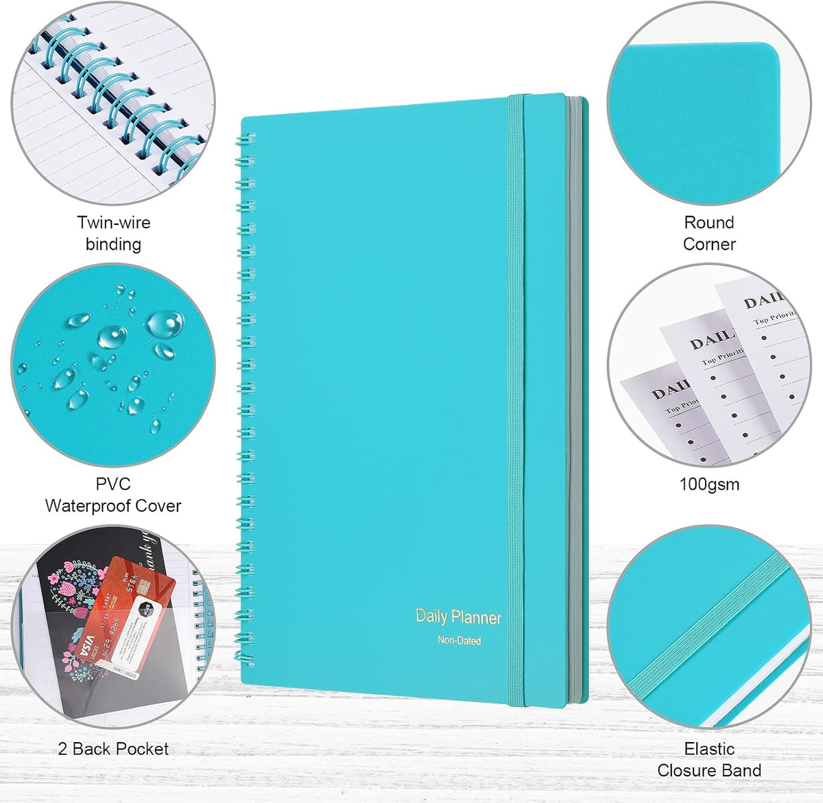 Daily Planner Undated: Asten To Do List Notebook Day Planners, (A5, Blue) Spiral Hourly Planner Appointment Schedule Planner for Men and Women,PVC Hardcover,Elastic Closure, Inner Pocket 8.3" x 5.8"