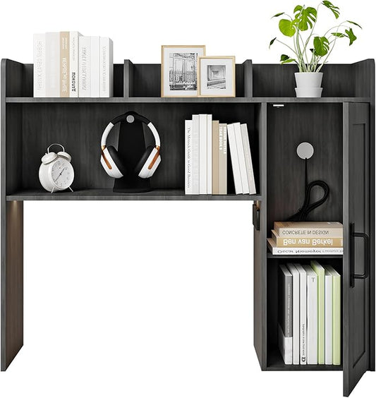 Desktop Bookshelf, Wooden Desk Hutch with LED Lights, Desktop Shelf with 6 Shelves and Power Outlets, Office Desk Organizer, Over Desk Storage Shelves for Dorm, Home, Grey