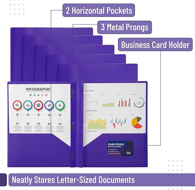 Mr. Pen- Plastic Folders with Pockets and Prongs, 24 Pack, Letter Size, Purple, Flexible Plastic Folders with Prongs