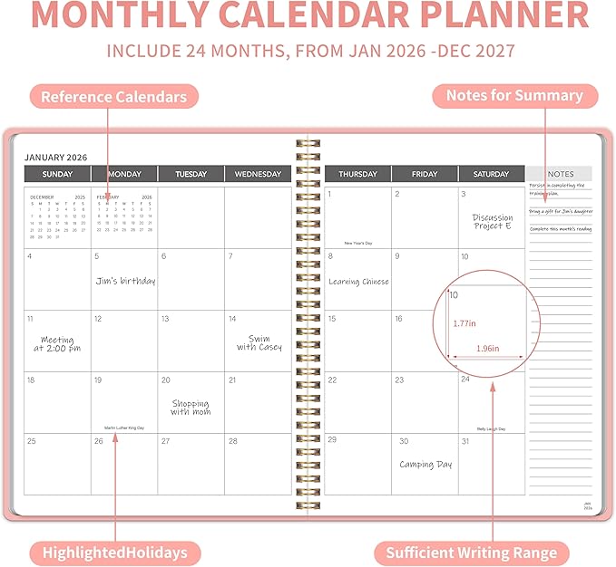Monthly Planner 2026-2027, 2026 Calendar 24 Months Planner, Jan 2026 - Dec 2027, 8.6" x 11", Academic Calendar Hard PVC Cover with Spiral Bound, Perfect for School & Office for Women & Men