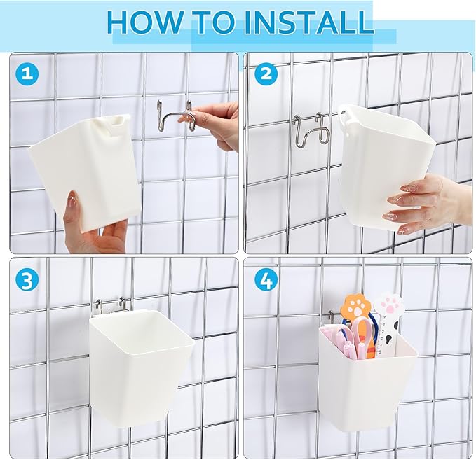 6 Pack Large Gridwall Cups Gridwall Storage Bin with Hooks Hanging Baskets Square Box Shape Hanging Cup Holder Gridwall Accessories for Garage Workbench Office Playroom Home Kitchen(White)