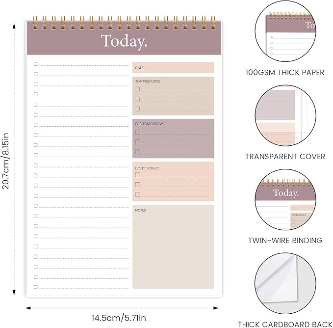 KMQOY To Do List Notepad - 3 Pack Daily Planner Pad Undated 52 Sheets Spiral Today Planner Note Pad Premium Thick Paper 6.5" x 9.8" For Work and Personal Organized(Brown)