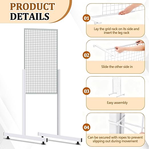 Set of 2 Pairs Slide-on Grid Legs T Base Rectangular Tube T-Shape Grid Wall Panel Legs, No Hardware Needed(White,17.7 x 24 Inch)
