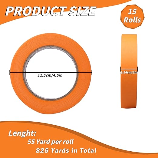 15 Rolls Orange Painters Tape Bulk 1 inch x 825 Yards, Painters Masking Tape No Residue Wall Painting Tape Artist Tape Trim Edge Finishing Tape for Wall Painting Decoration DIY Supplies