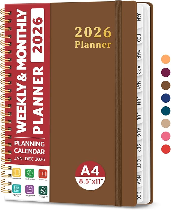 2026 Planner, Weekly and Monthly Calendar Planner, January 2026 - December 2026, Hardcover 2026 Calendar Book with Tabs For Women & Men, Inner Pocket, Spiral Bound, Perfect for Office Home School Supplies - A4 (8.5" x 11"), Mocha Earth