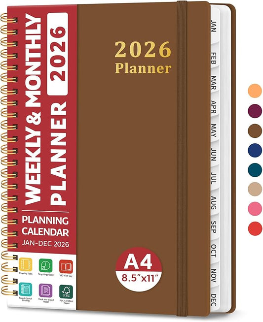 2026 Planner, Weekly and Monthly Calendar Planner, January 2026 - December 2026, Hardcover 2026 Calendar Book with Tabs For Women & Men, Inner Pocket, Spiral Bound, Perfect for Office Home School Supplies - A4 (8.5" x 11"), Mocha Earth
